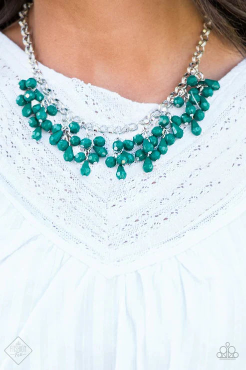 Modern Macarena - Green Round/Teardrop Shapes Clusters Faceted Quetzal Green Fringe Necklace N#7427