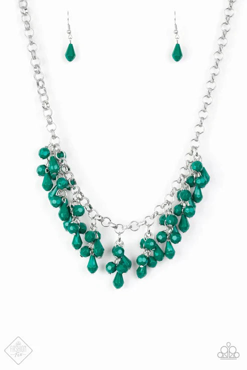 Modern Macarena - Green Round/Teardrop Shapes Clusters Faceted Quetzal Green Fringe Necklace N#7427