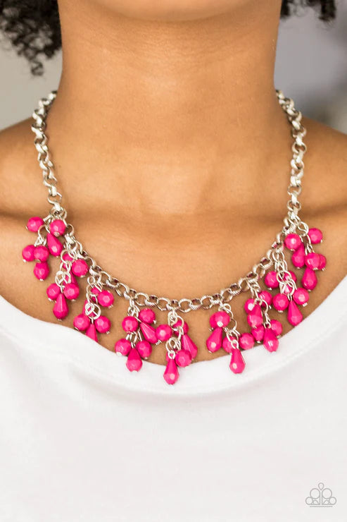 Modern Macarena - Pink Round/Teardrop Shapes Clusters Faceted Fringe Necklace N#3734