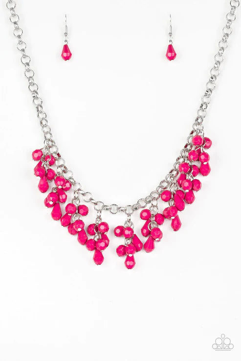 Modern Macarena - Pink Round/Teardrop Shapes Clusters Faceted Fringe Necklace N#3734