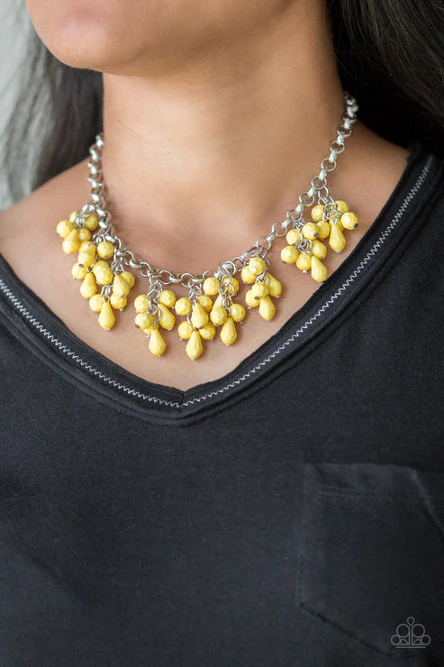 Modern Macarena - Yellow Round/Teardrop Shapes Clusters Faceted Fringe Necklace N#4713