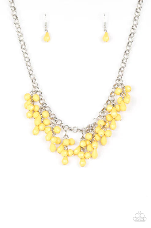 Modern Macarena - Yellow Round/Teardrop Shapes Clusters Faceted Fringe Necklace N#4713