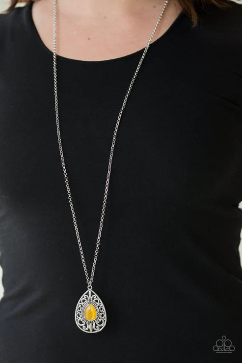 Modern Majesty - Yellow Cat's Eye Moonstone Filigree Teardrop Necklace N#4981