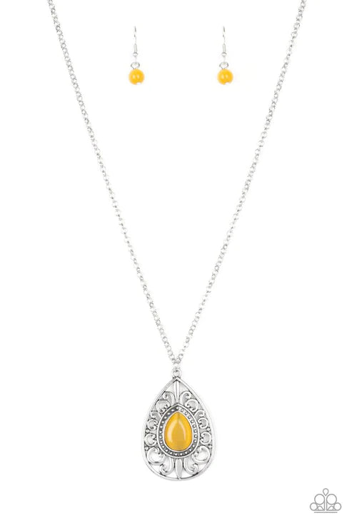 Modern Majesty - Yellow Cat's Eye Moonstone Filigree Teardrop Necklace N#4981