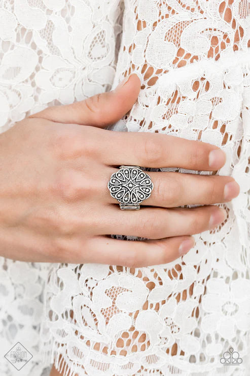 Modern Mandala - Silver Embossed Ornate Scalloped Swirl Teardrop Ring R#5666