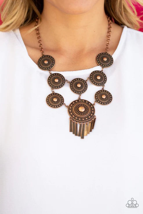 Modern Medalist - Oversized Copper Suspended Tactile Circular Disc Flared Fringe Tribal Necklace N#4552