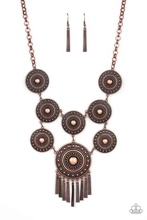 Modern Medalist - Oversized Copper Suspended Tactile Circular Disc Flared Fringe Tribal Necklace N#4552