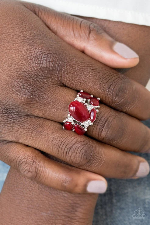 Modern Moonwalk - Red Encrusted Cat's Eye Moonstone Ring R#5749