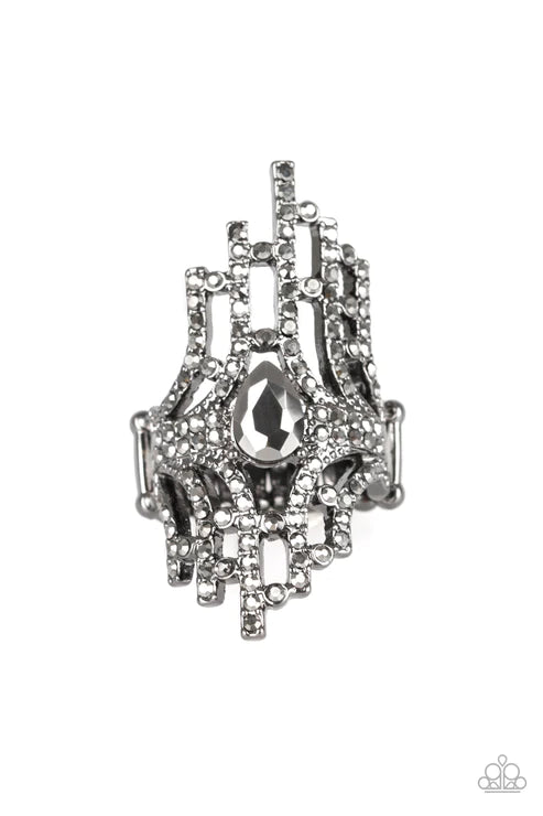 Modern Muse - Oversized Black Hematite Encrusted Stacked Teardrop Ring R#2834