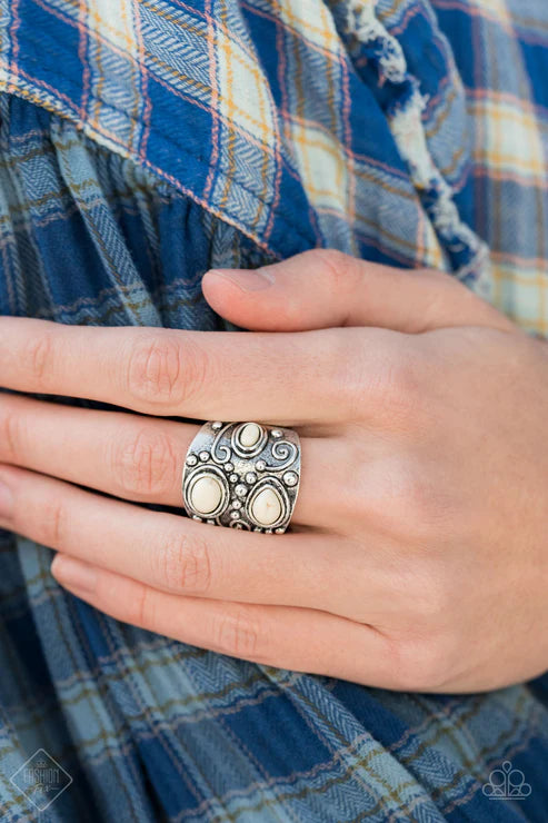 Modern Mountain Ranger - Oversized White Earthy Collection Teardrop/Oval Stones Studded/Embossed Tribal Inspired Patterns Ring R#7380
