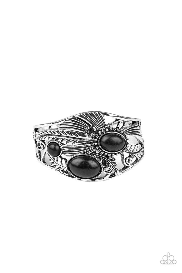 Mojave Moods - Oversized Black Oval Dotted 3D Feather Filigree Stone Cuff Bracelet B#6949