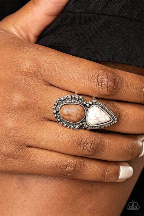 Mojave Mosaic - Oversized Multi (Brown/White) Duo Imperfect Oval/Triangular Stones Asymmetrically Studded Silver Frames Stacked Ring R#5380