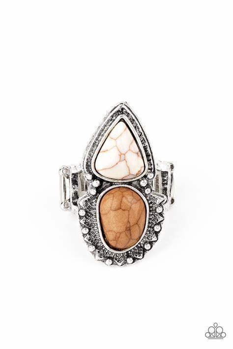 Mojave Mosaic - Oversized Multi (Brown/White) Duo Imperfect Oval/Triangular Stones Asymmetrically Studded Silver Frames Stacked Ring R#5380