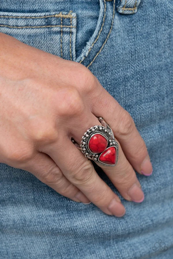 Mojave Mosaic - Oversized Red Duo Imperfect Oval/Triangular Stones Asymmetrically Studded Silver Frames Stacked Ring R#6899