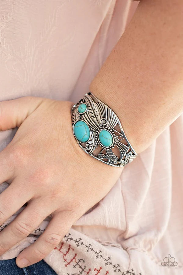 Mojave Moods - Oversized Blue Oval Dotted 3D Feather Filigree Stone Cuff Bracelet B#6828