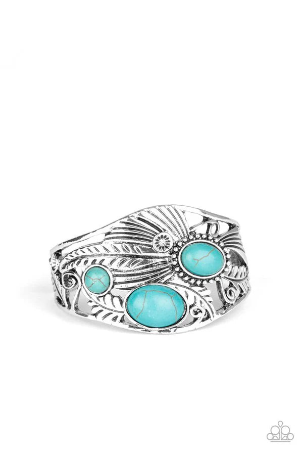 Mojave Moods - Oversized Blue Oval Dotted 3D Feather Filigree Stone Cuff Bracelet B#6828