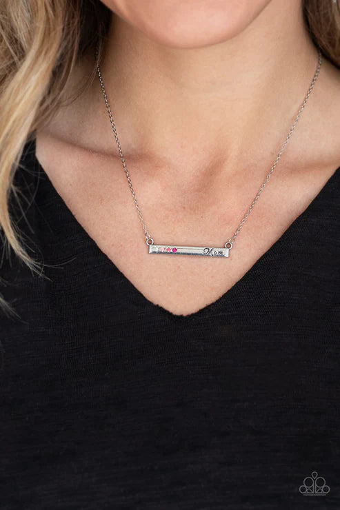 Moms Do It Better - Pink (Hot Pink/Lt.Pink/White) Rectangular Dotted Fade Stamped 3D "Mom" Suspended Necklace N#2946