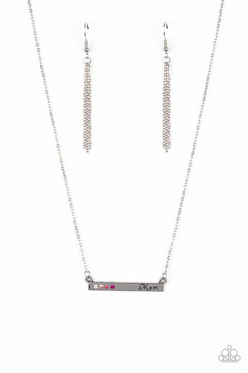 Moms Do It Better - Pink (Hot Pink/Lt.Pink/White) Rectangular Dotted Fade Stamped 3D "Mom" Suspended Necklace N#2946