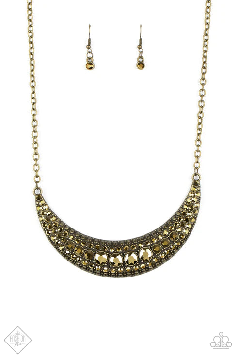 Moon Child Magic - Brass Aurum Encrusted Studded Half Moon Crescent Necklace N#3089