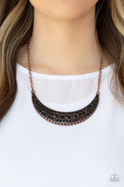 Moon Child Magic - Copper/Black Onyx Encrusted Studded Half Moon Crescent Necklace N#5664