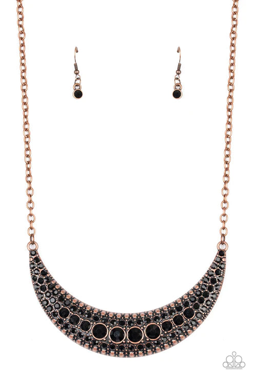 Moon Child Magic - Copper/Black Onyx Encrusted Studded Half Moon Crescent Necklace N#5664