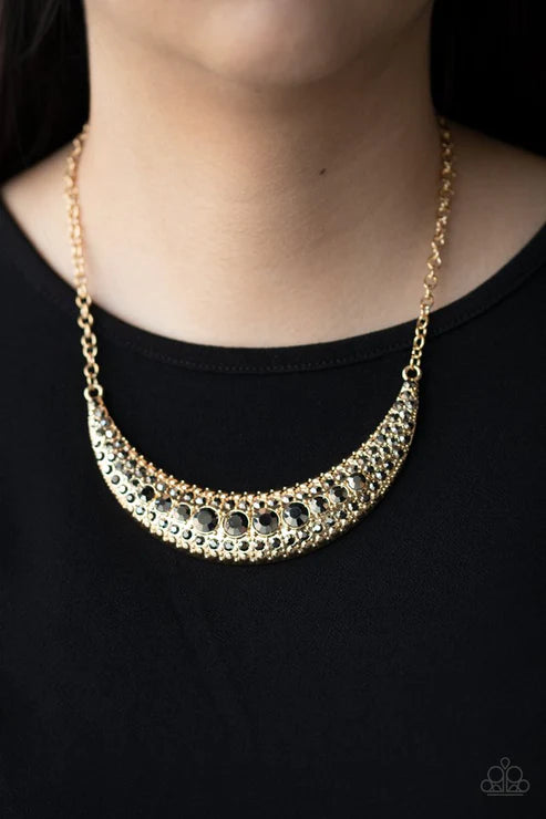 Moon Child Magic - Gold/Multi Smoky Hematite Encrusted Studded Half Moon Crescent Necklace N#4247