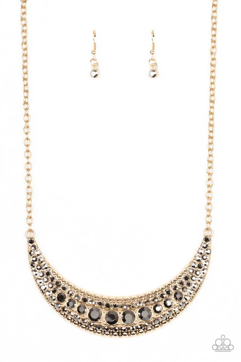 Moon Child Magic - Gold/Multi Smoky Hematite Encrusted Studded Half Moon Crescent Necklace N#4247