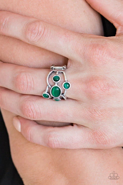 Moon Mood - Green Dotted Cat's Eye Moonstone Textured Swoop Ring R#5224