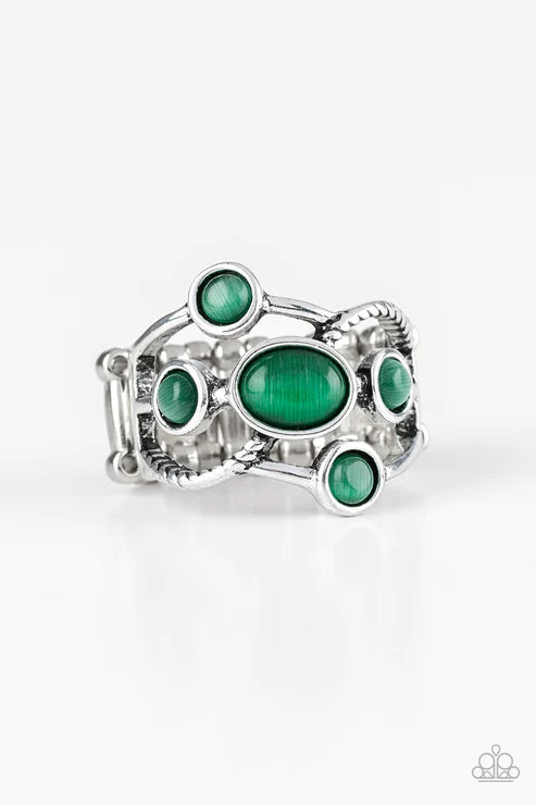 Moon Mood - Green Dotted Cat's Eye Moonstone Textured Swoop Ring R#5224