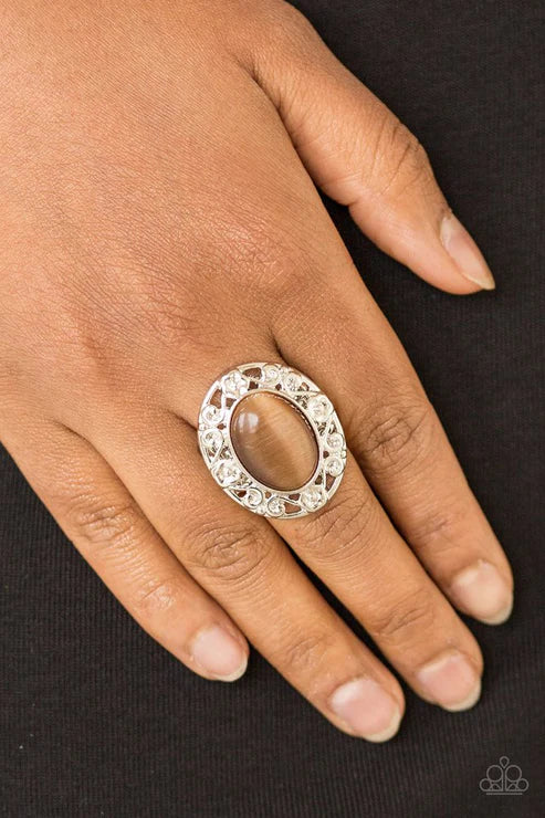 Moonlit Marigold - Brown Cat's Eye Moonstone Floral Filigree Ring R#5614
