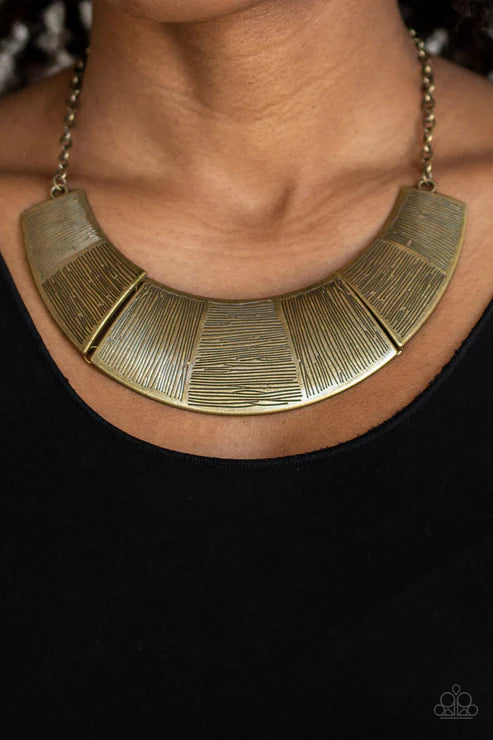 More Roar - Oversized Brass Etched Vertical/Horizontal Linear Textures Antiqued Plates Link Bold Half-Moon Pendant Necklace N#6265