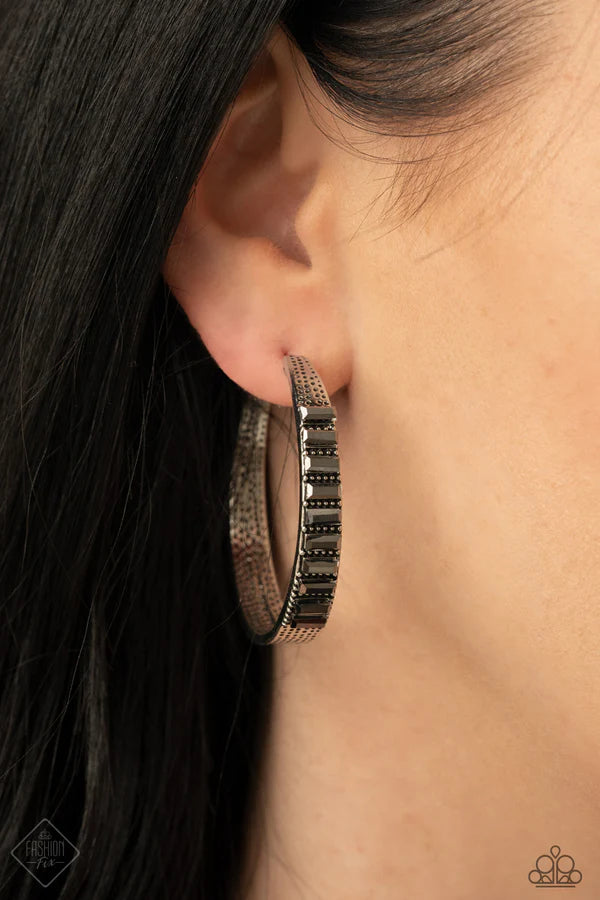 More To Love - Black (Gunmetal) Hematite Textured Emerald Cut Hoop Earring E#6911