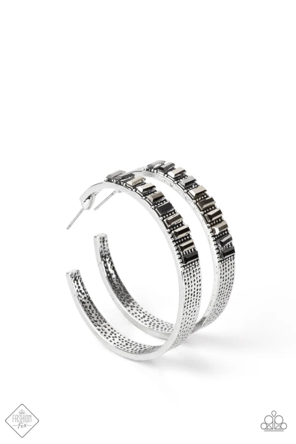 More To Love - Black (Gunmetal) Hematite Textured Emerald Cut Hoop Earring E#6911