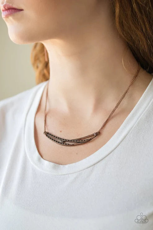 Moto Modern - Copper Dotted Hammered Crisscross Crescent Necklace N#3777