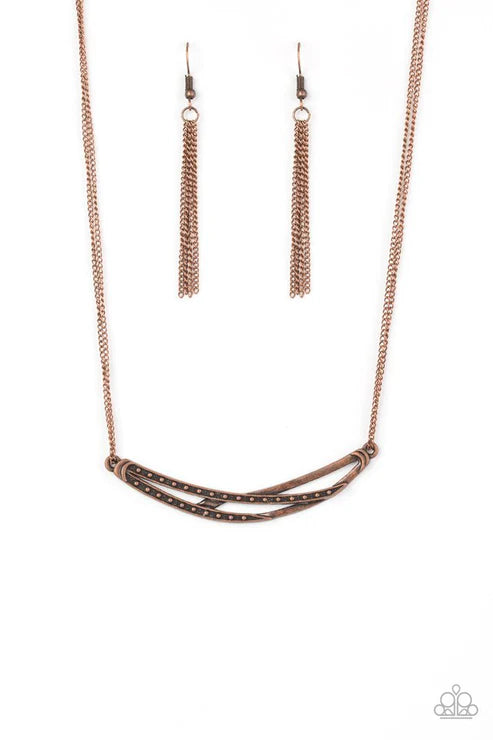 Moto Modern - Copper Dotted Hammered Crisscross Crescent Necklace N#3777