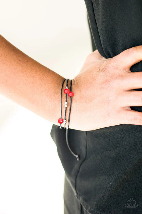 Mountain Treasure - Fiery Red/Black Stone/Cording Adjustable Sliding Knot Closure Urban Bracelet B#6454