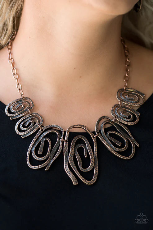 My Cave Is Your Cave - Copper Asymmetrical Warped Spiraled Hammered Tribal Necklace N#3920