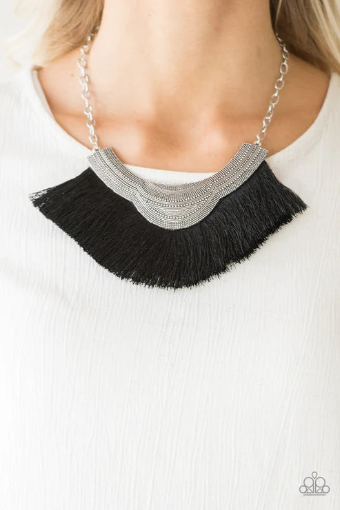 My PHARAOH Lady - Black Dotted Scalloped Plate Tribal Fringe Necklace N#6304