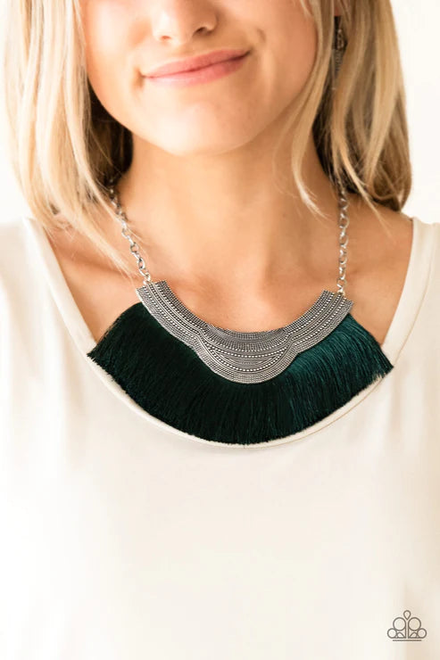 My PHARAOH Lady - Green Dotted Scalloped Plate Tribal Fringe Necklace N#3412