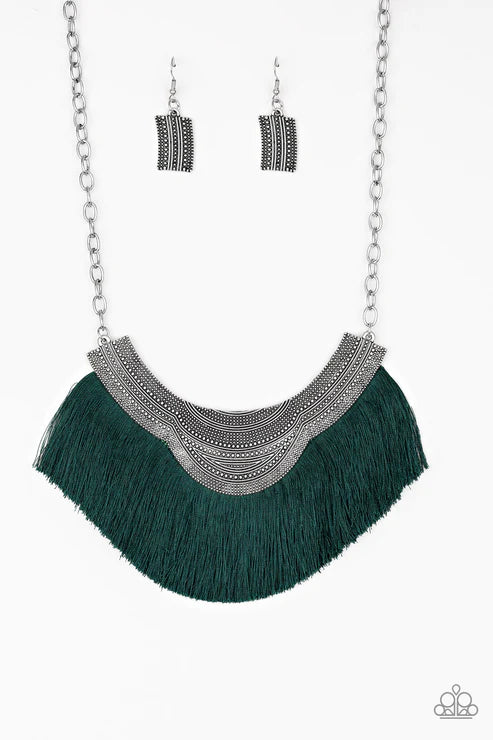 My PHARAOH Lady - Green Dotted Scalloped Plate Tribal Fringe Necklace N#3412