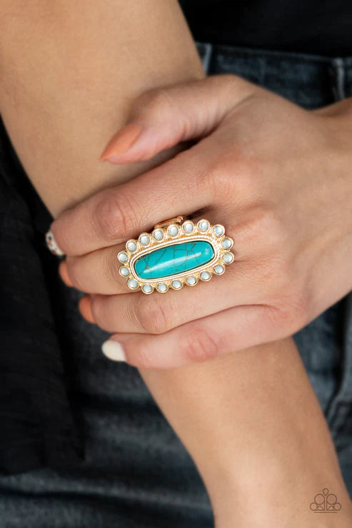 Mystic Oasis - Oversized Blue Textured Gold Frame Oblong Stone Bordered Opalescent Stone Beads Ethereal Effect Ring R#3170