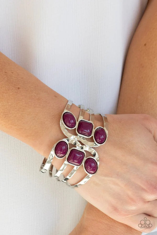 Mystified - Oversized Magenta Purple Oval/Square Asymmetrical Hammered Scalloped Open-Faced Hinged Cuff Bracelet B#4148