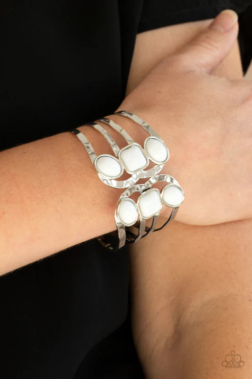 Mystified - Oversized White Oval/Square Asymmetrical Hammered Scalloped Open-Faced Hinged Cuff Bracelet B#4691