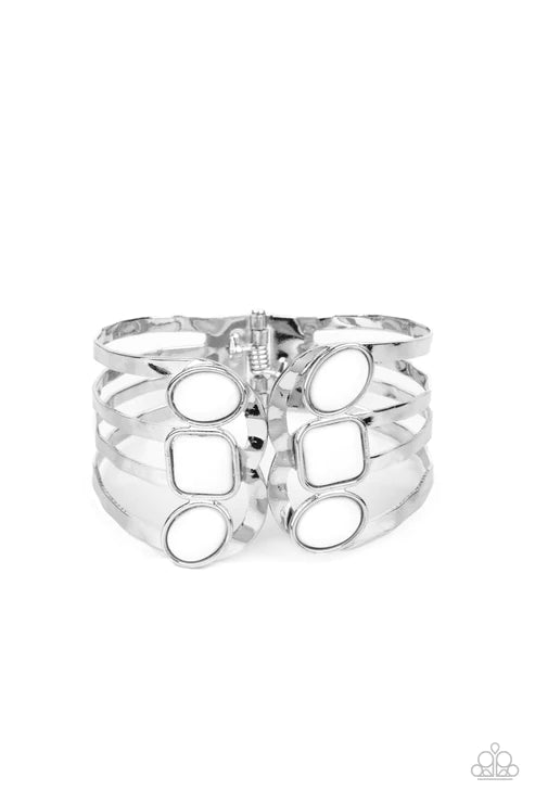 Mystified - Oversized White Oval/Square Asymmetrical Hammered Scalloped Open-Faced Hinged Cuff Bracelet B#4691
