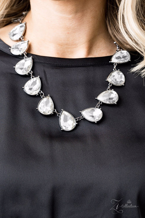 Zi Collection- Mystique - Oversized Gunmetal/White Teardrop Necklace  ZI#5505