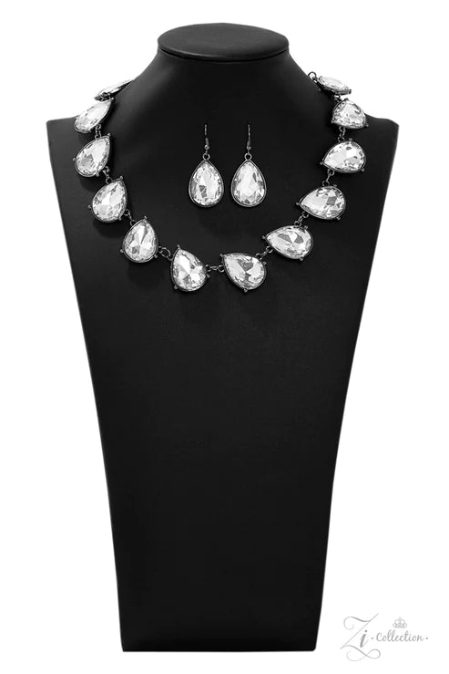 Zi Collection- Mystique - Oversized Gunmetal/White Teardrop Necklace  ZI#5505