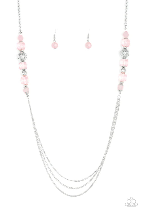 Native New Yorker - Pink Ornate Glassy Opaque Crystal Accent Necklace N#4417