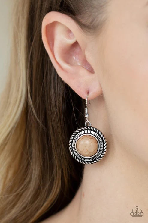 Natural-Born Nomad - Brown Round Twisted/Studded Textured Stone Earrings E#3719