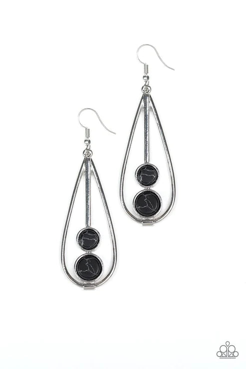 Natural Nova - Oversized Black Faux Marble Smooth  Stone Stacked Teardrop Earrings E#4067
