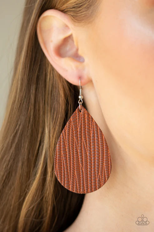 Natural Resource - Oversized Brown Stamped Animal Print Leather Teardrop Earrings E#2968